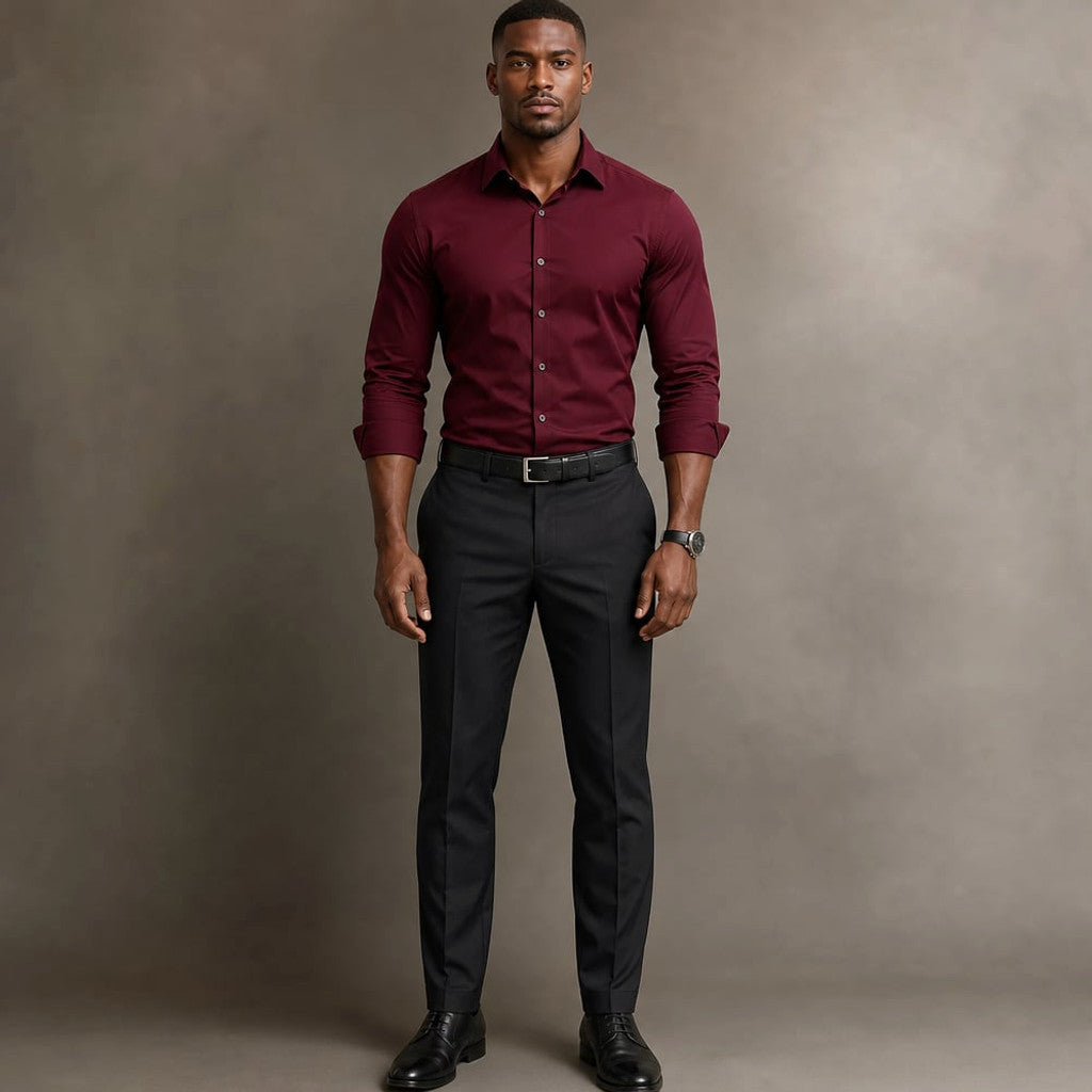 Long Sleeve Dress Shirt Pointed Collar Button Down in Black Dark Red – Product Photo