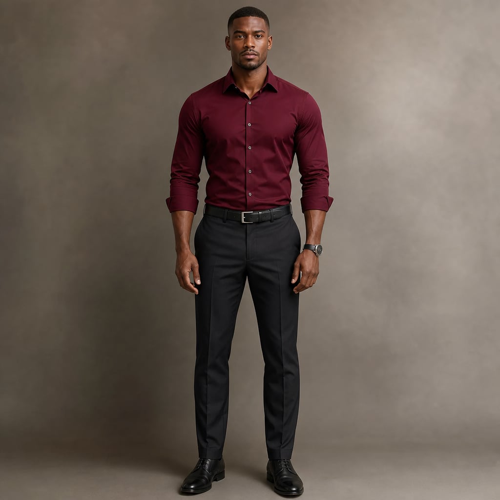 Long Sleeve Dress Shirt Pointed Collar Button Down in Black Dark Red – Product Photo