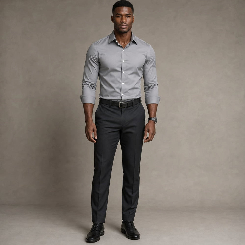 Long Sleeve Dress Shirt Pointed Collar Button Down in Black Gray – Product Photo