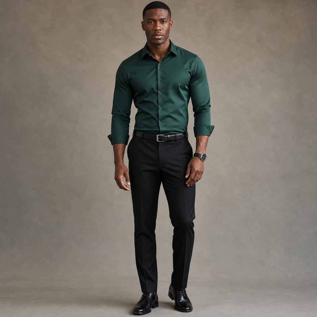 Long Sleeve Dress Shirt Pointed Collar Button Down in Black Green – Product Photo