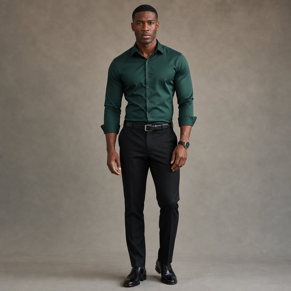 Long Sleeve Dress Shirt Pointed Collar Button Down in Black Green – Product Photo