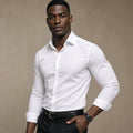 Long Sleeve Dress Shirt Pointed Collar Button Down in Black White – Side Angle View