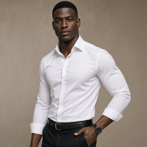 Long Sleeve Dress Shirt Pointed Collar Button Down in Black White – Side Angle View