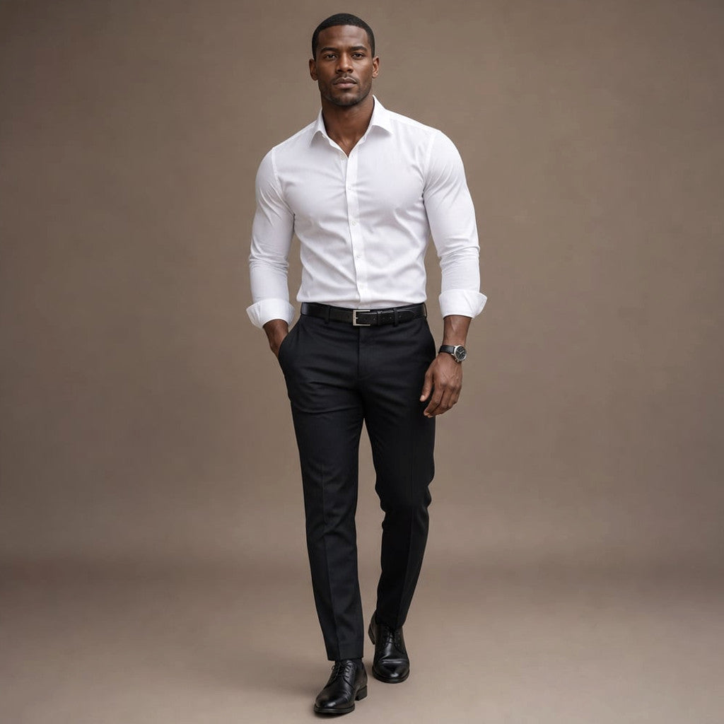 Long Sleeve Dress Shirt Pointed Collar Button Down in Black White – Full Look