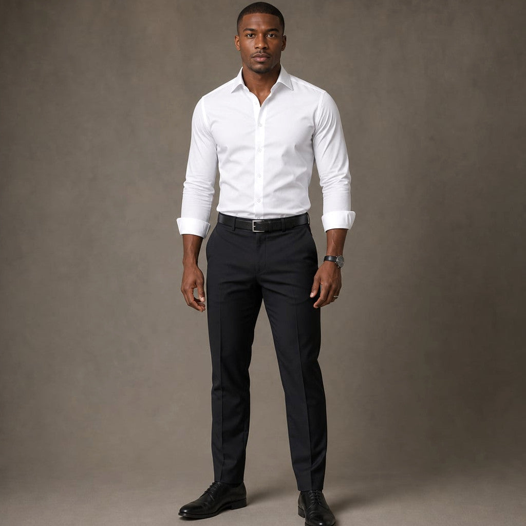 Long Sleeve Dress Shirt Pointed Collar Button Down in Black White – Product Photo