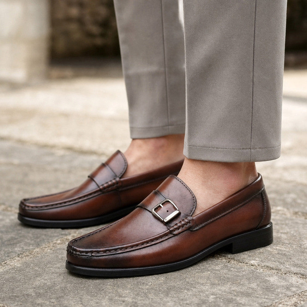 Loughton | Loafer Shoes Bit Buckle Burnished Leather Brown – Side Angle View