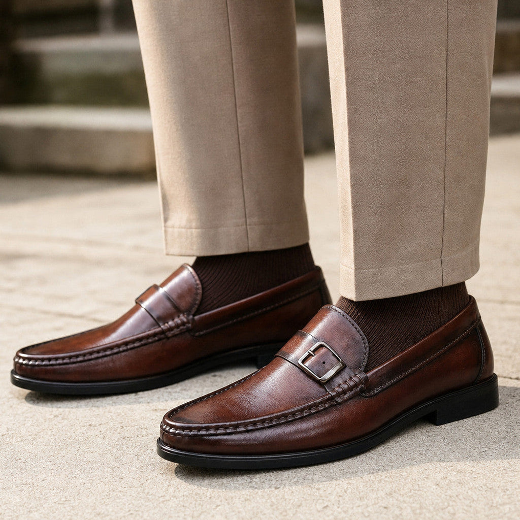 Loughton | Loafer Shoes Bit Buckle Burnished Leather Brown – Full Look