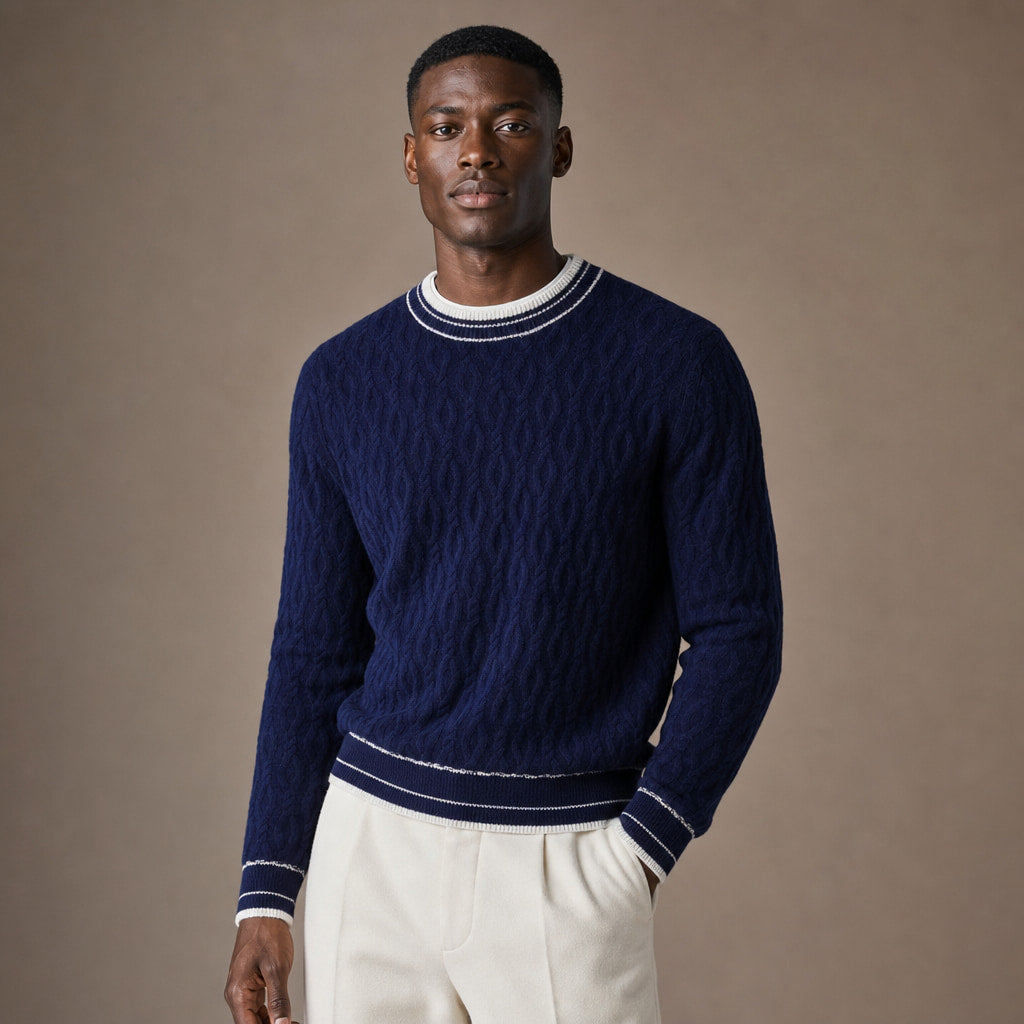 Cable Knit Cashmere Jumper Striped Trim Navy Blue – Product Photo