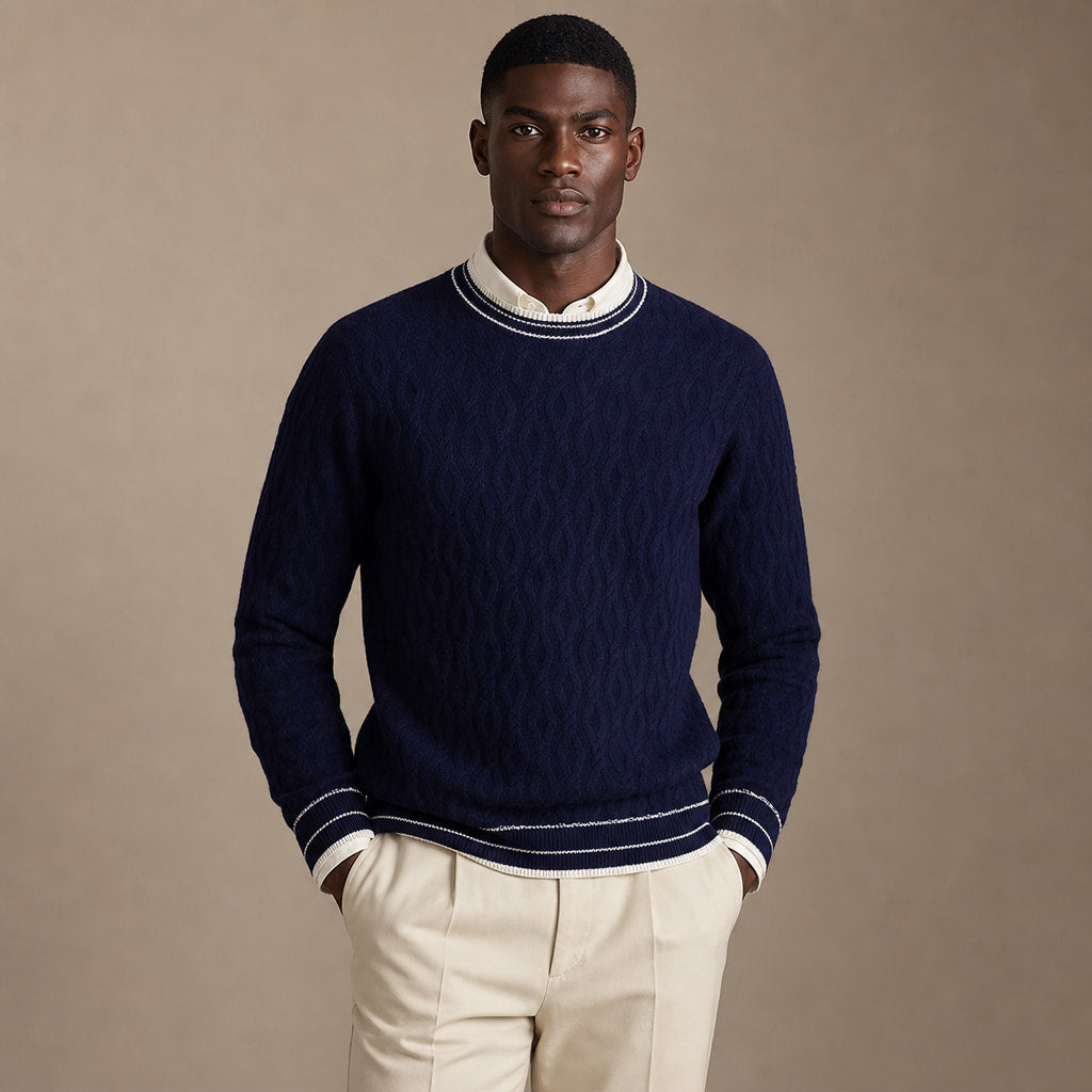 Cable Knit Cashmere Jumper Striped Trim in Navy Blue – Tomosino Premium Menswear