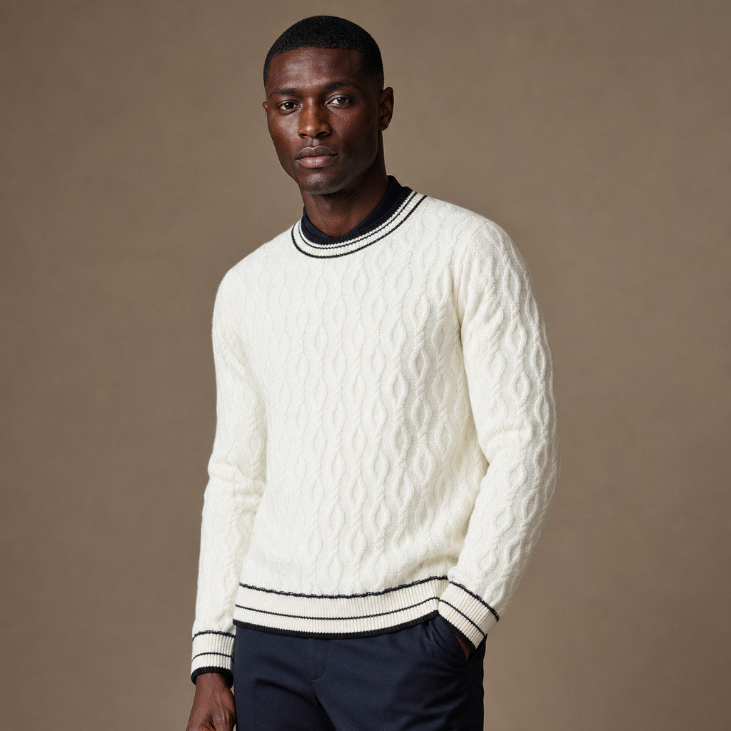 Cable Knit Cashmere Jumper Striped Trim White – Side Angle View