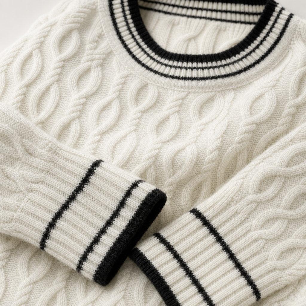Cable Knit Cashmere Jumper Striped Trim White – Fabric and Detail Close-Up