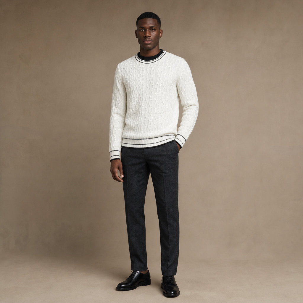 Cable Knit Cashmere Jumper Striped Trim White – Full Look