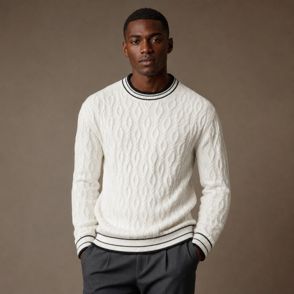 Cable Knit Cashmere Jumper Striped Trim White – Product Photo