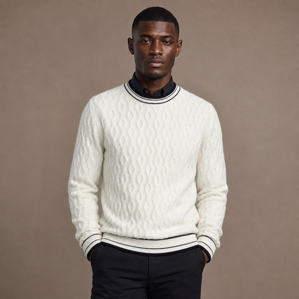 Cable Knit Cashmere Jumper Striped Trim in White – Tomosino Premium Menswear