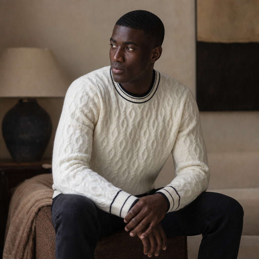 Cable Knit Cashmere Jumper Striped Trim White – Styled Editorial Shot