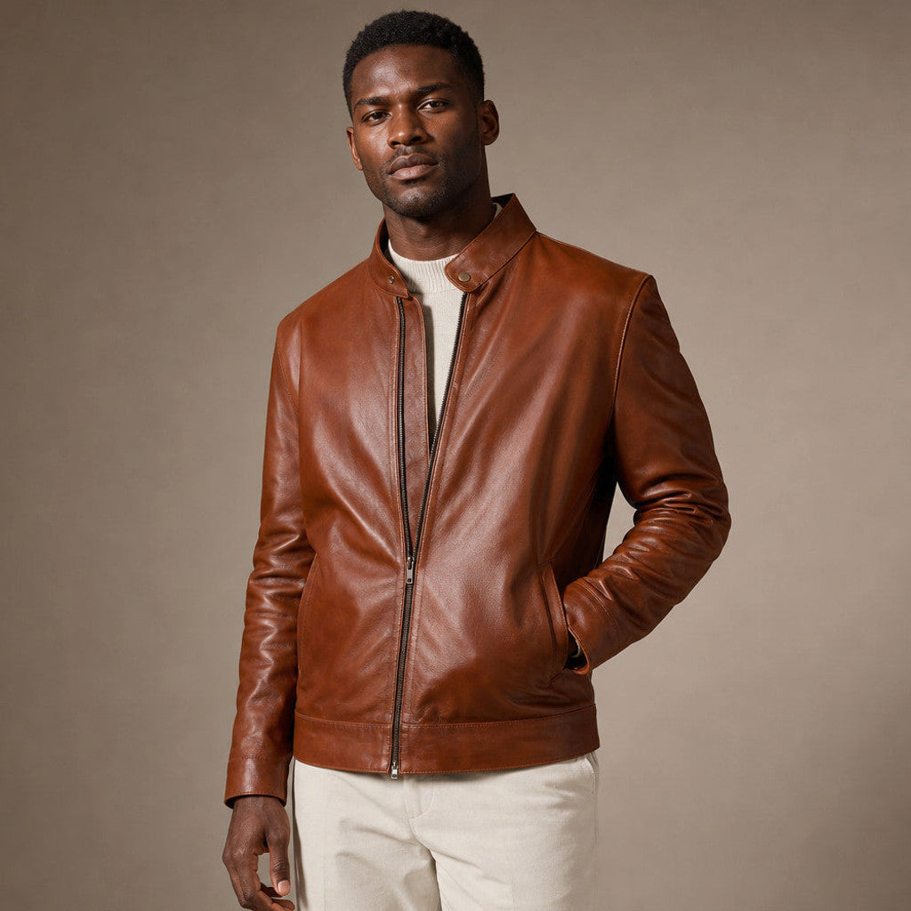 Loxley | Leather Biker Jacket Sheepskin Brown Brown – Side Angle View