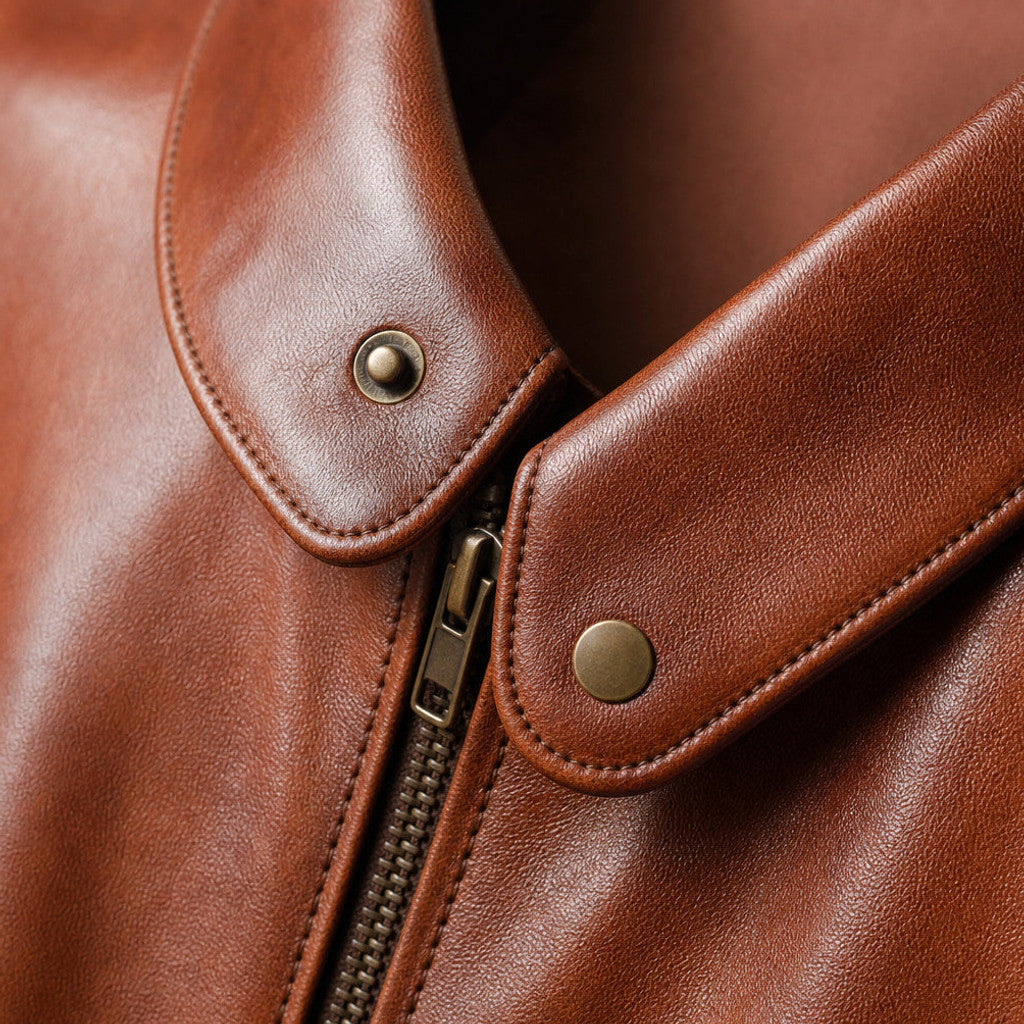 Loxley | Leather Biker Jacket Sheepskin Brown Brown – Fabric and Detail Close-Up