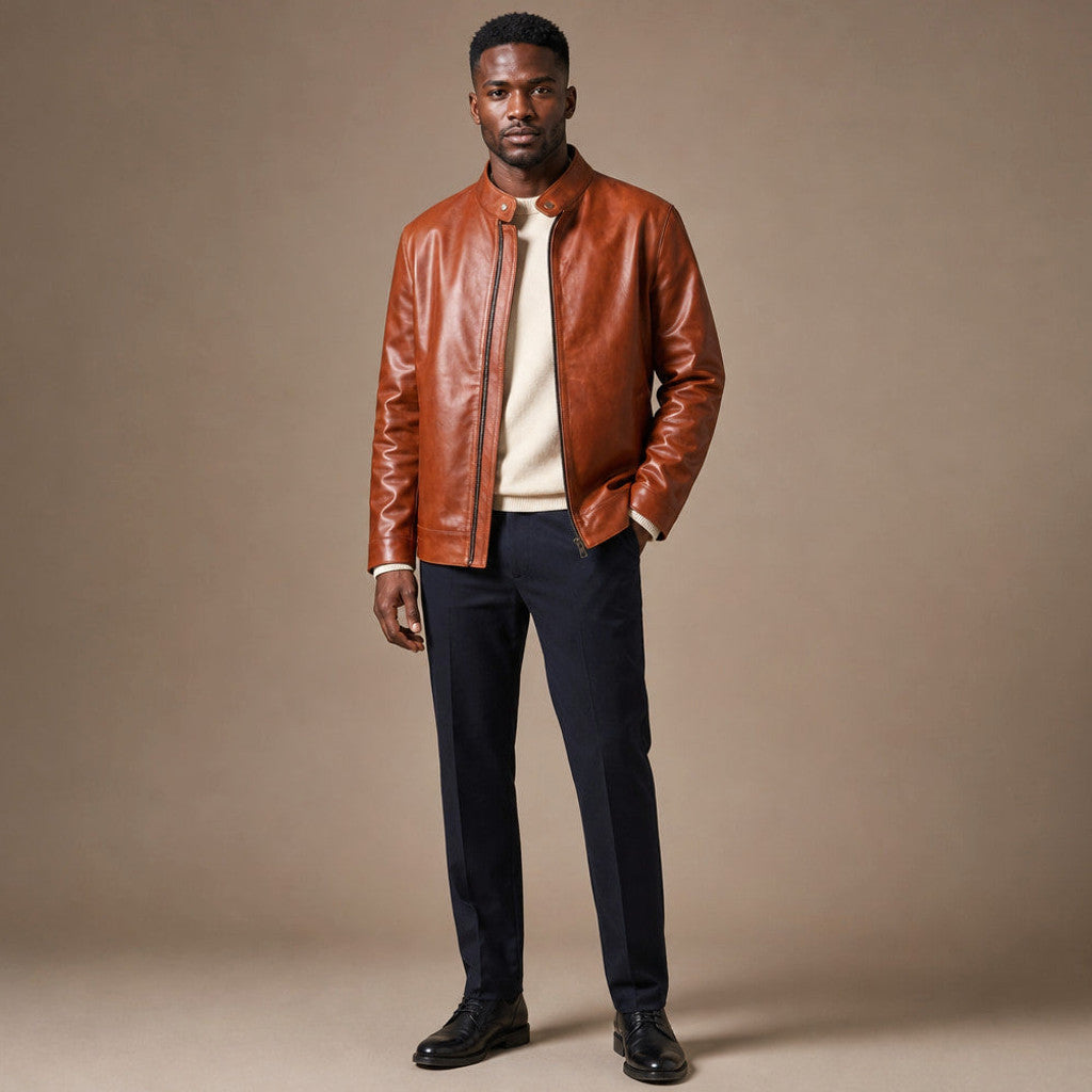 Loxley | Leather Biker Jacket Sheepskin Brown Brown – Full Look