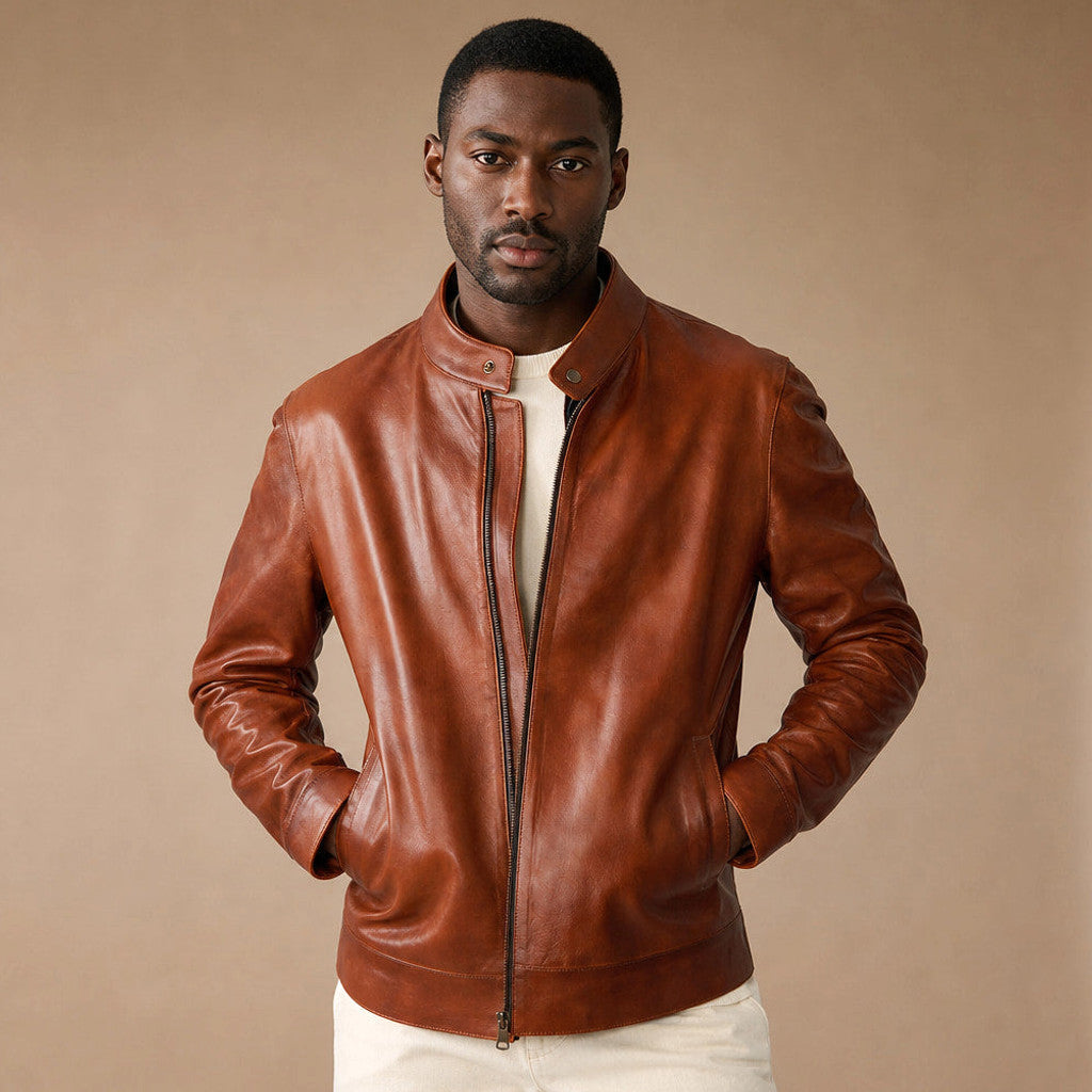 Loxley | Leather Biker Jacket Sheepskin Brown Brown – Product Photo
