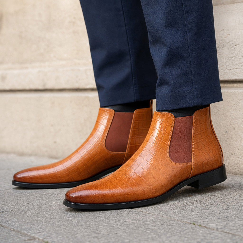 Luxton | Chelsea Boot Croc Embossed Leather Cognac Brown – Side Angle View