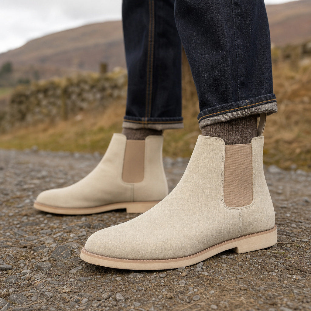 Chelsea Dealer Boots Suede Beige – Side Angle View