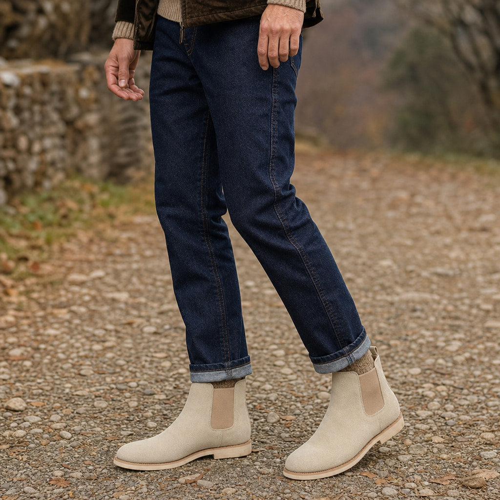 Chelsea Dealer Boots Suede Beige – Full Look