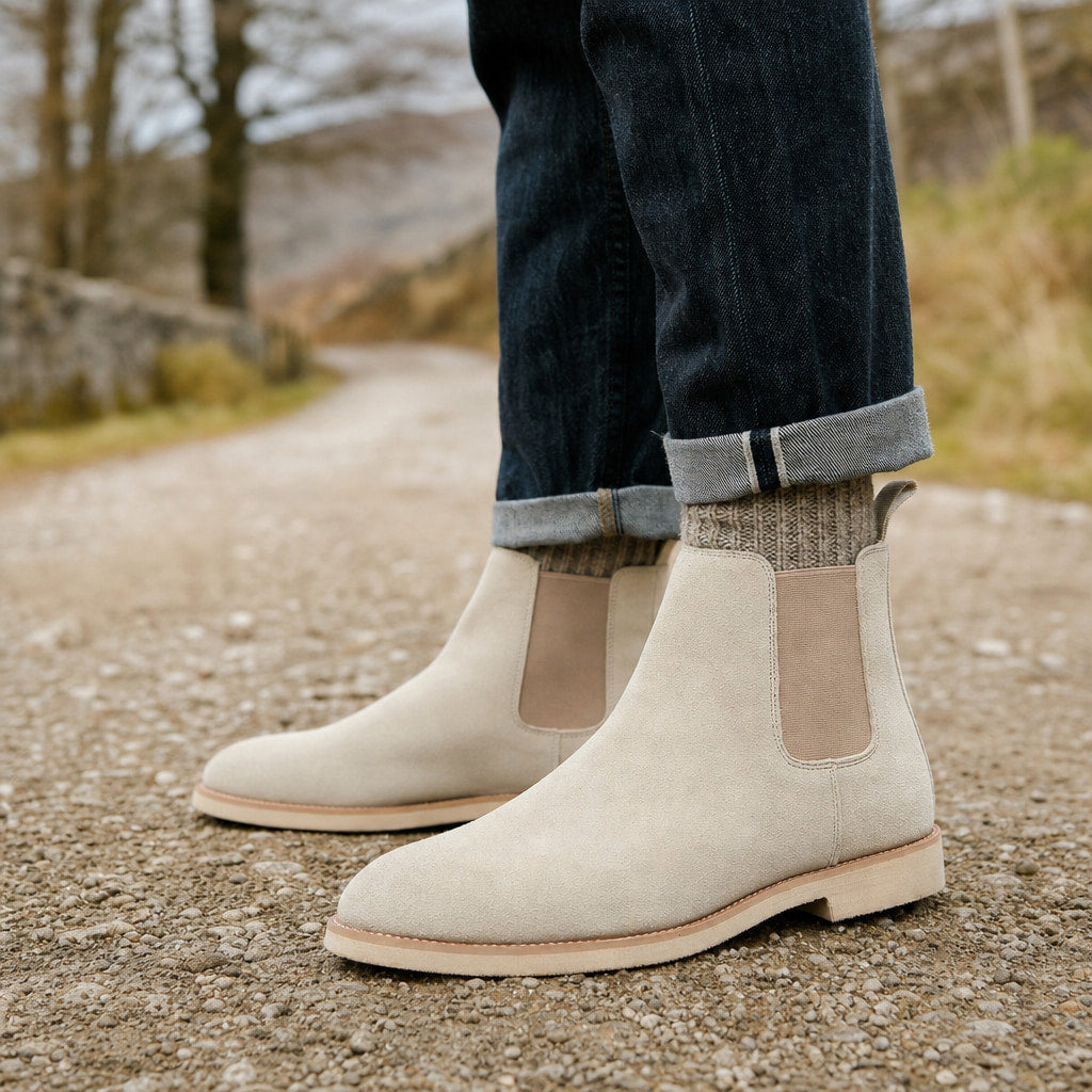 Chelsea Dealer Boots Suede Beige – Styled Editorial Shot