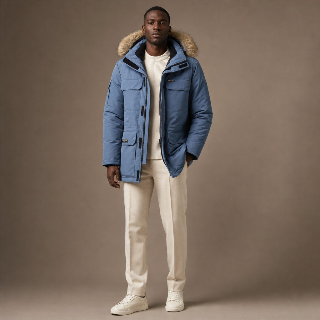 Parka Jacket Faux Fur Hood Thermal Lined Blue – Product Photo