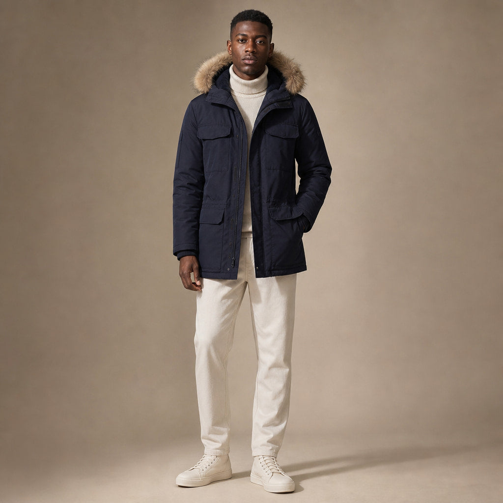 Parka Jacket Faux Fur Hood Thermal Lined Navy Blue – Product Photo
