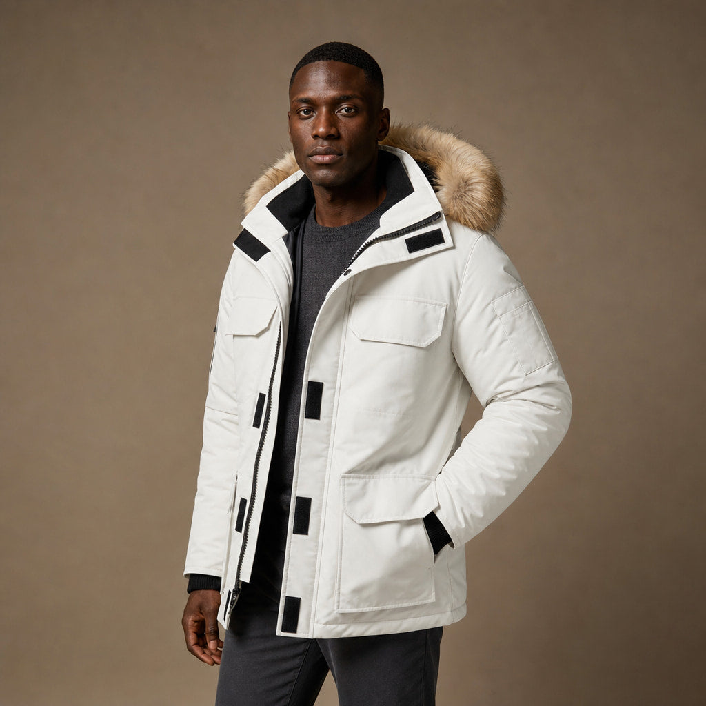 Parka Jacket Faux Fur Hood Thermal Lined White – Side Angle View