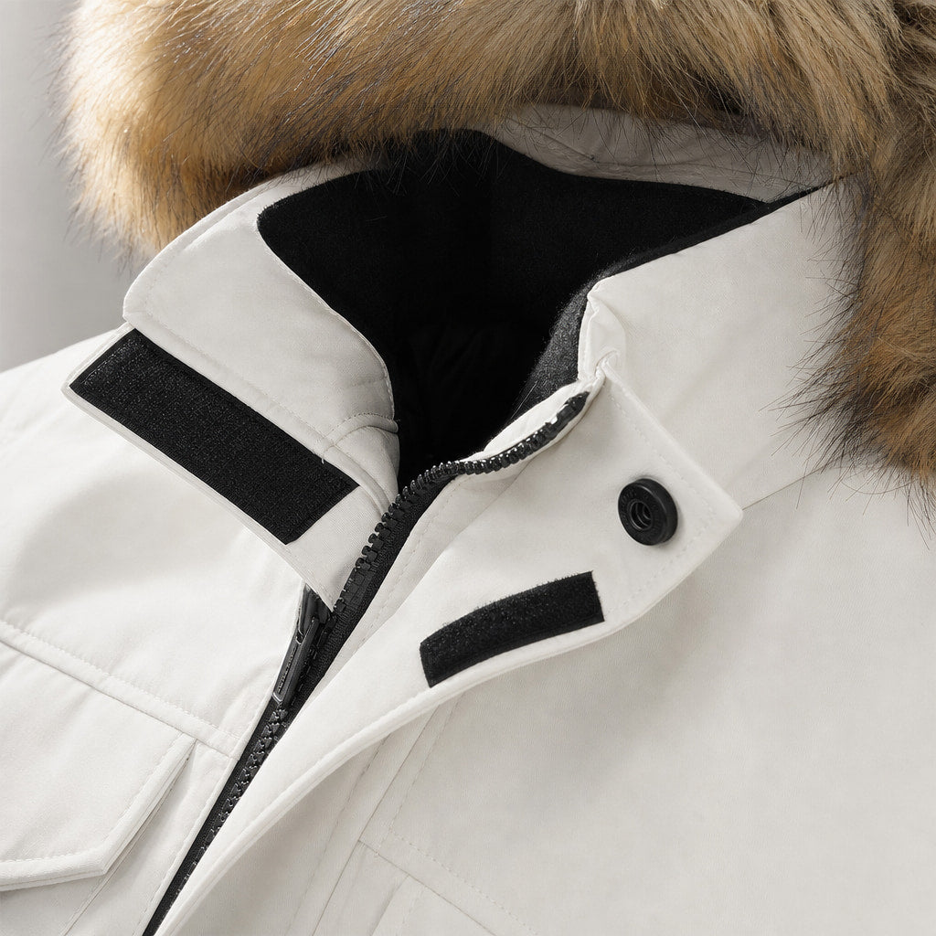Parka Jacket Faux Fur Hood Thermal Lined White – Fabric and Detail Close-Up