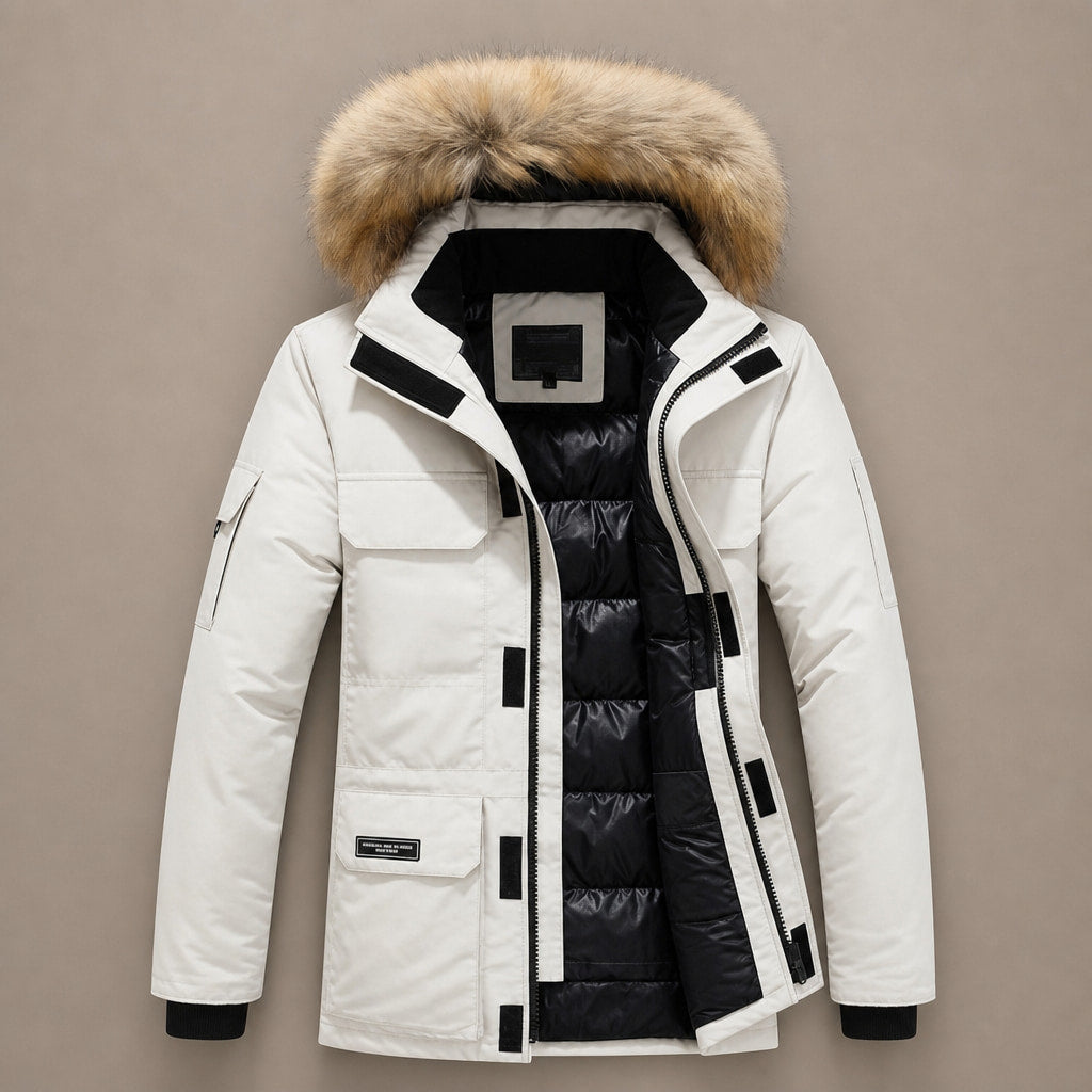 Parka Jacket Faux Fur Hood Thermal Lined White – Flat Lay Product Photo