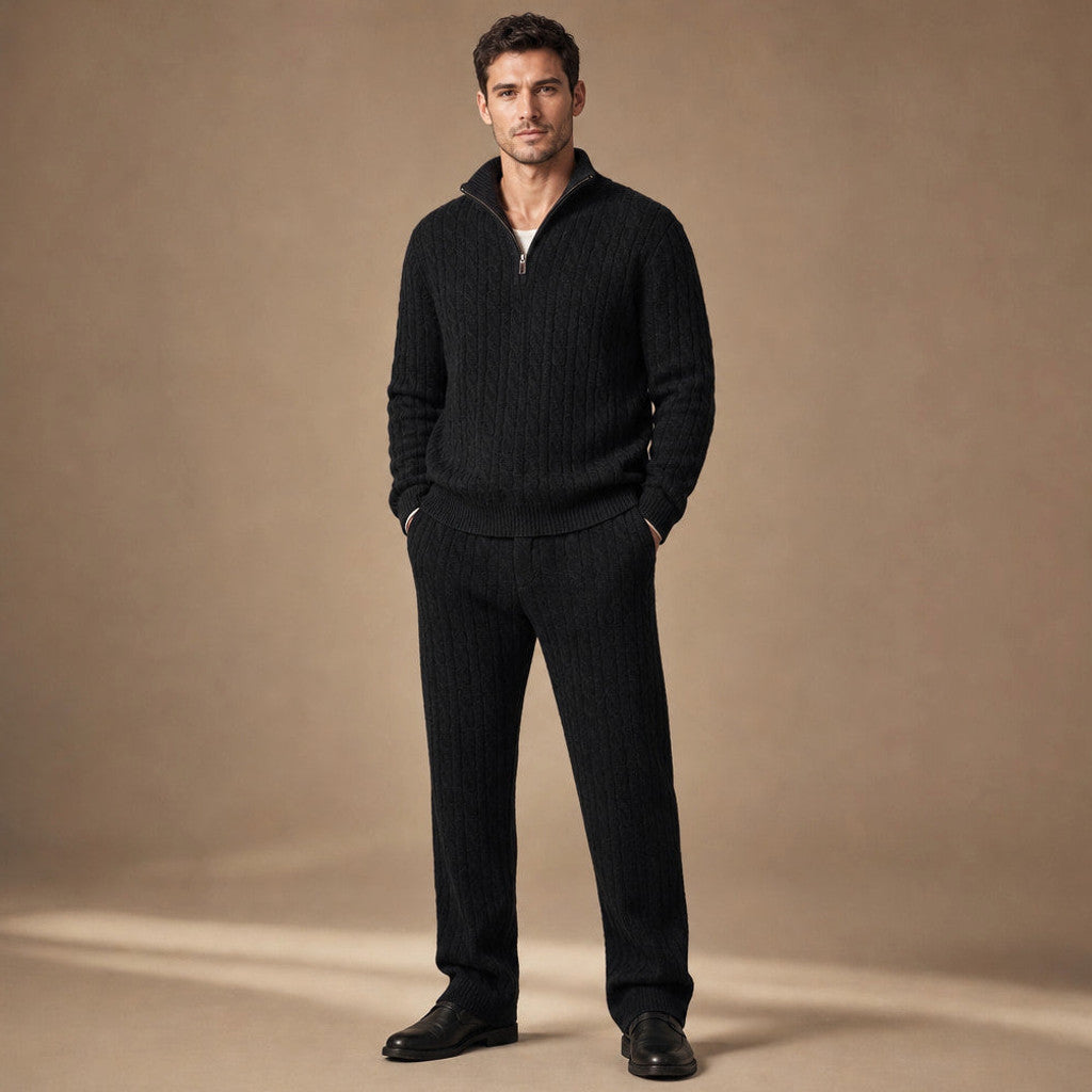 Mansell | Quarter Zip Knit Set Linen Trouser Black – Product Photo