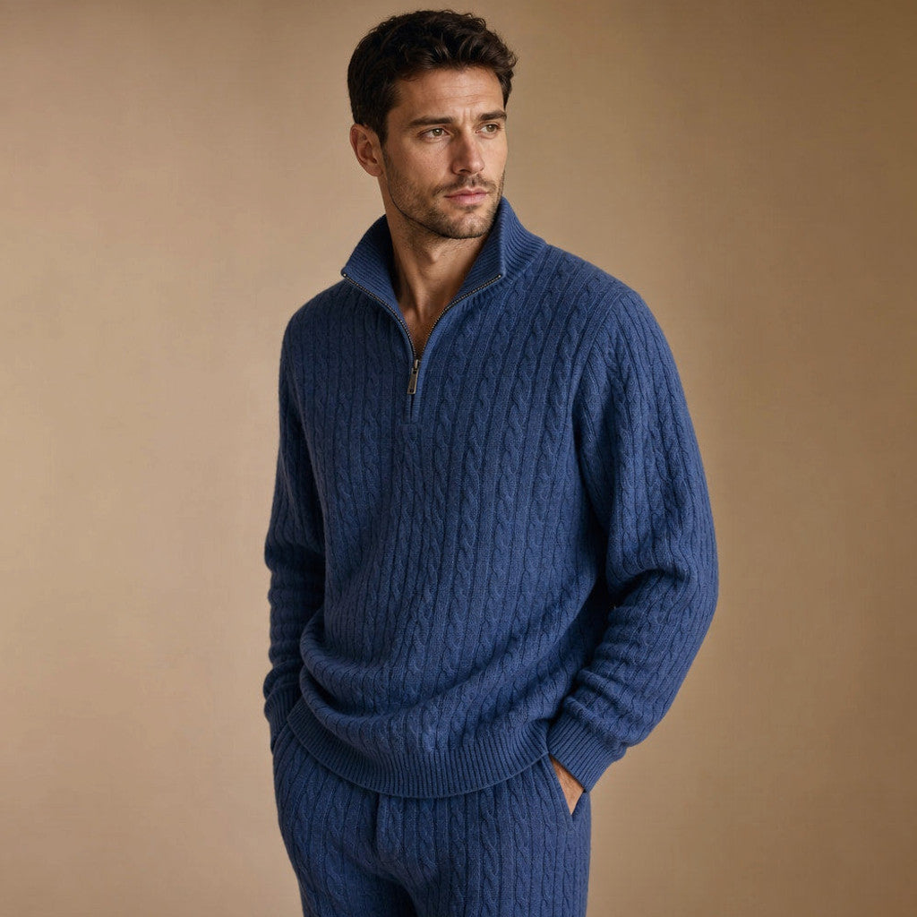 Mansell | Quarter Zip Knit Set Linen Trouser Midnight Navy – Side Angle View