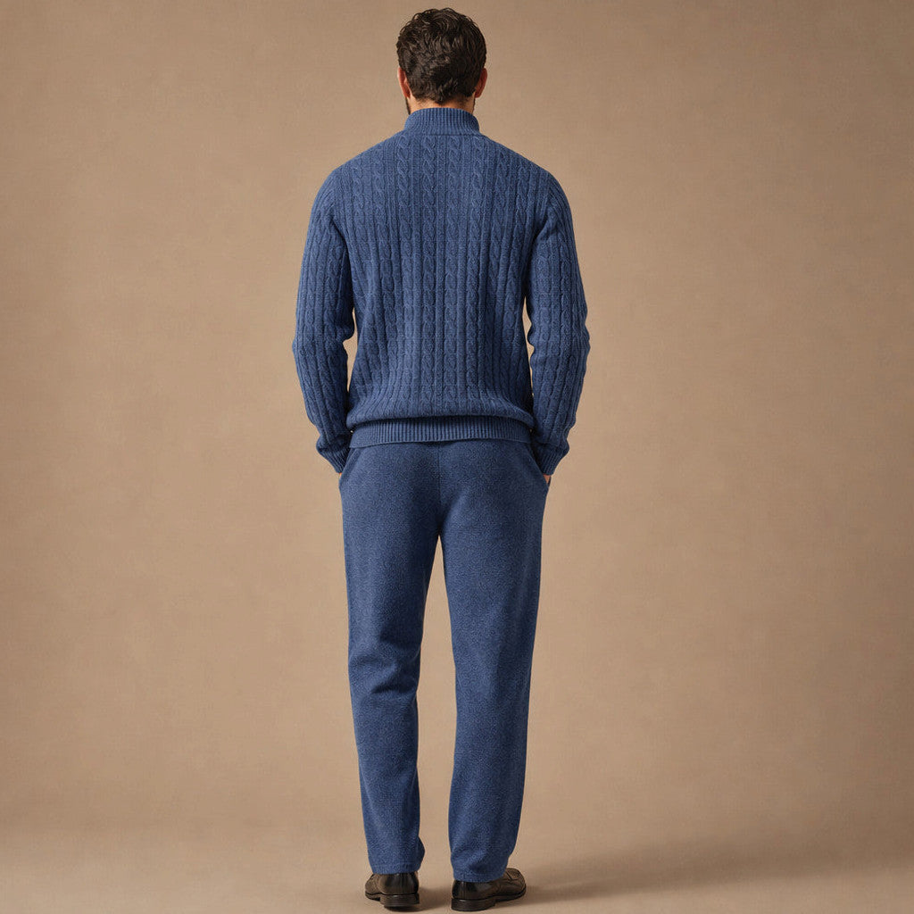 Mansell | Quarter Zip Knit Set Linen Trouser Midnight Navy – Full Look