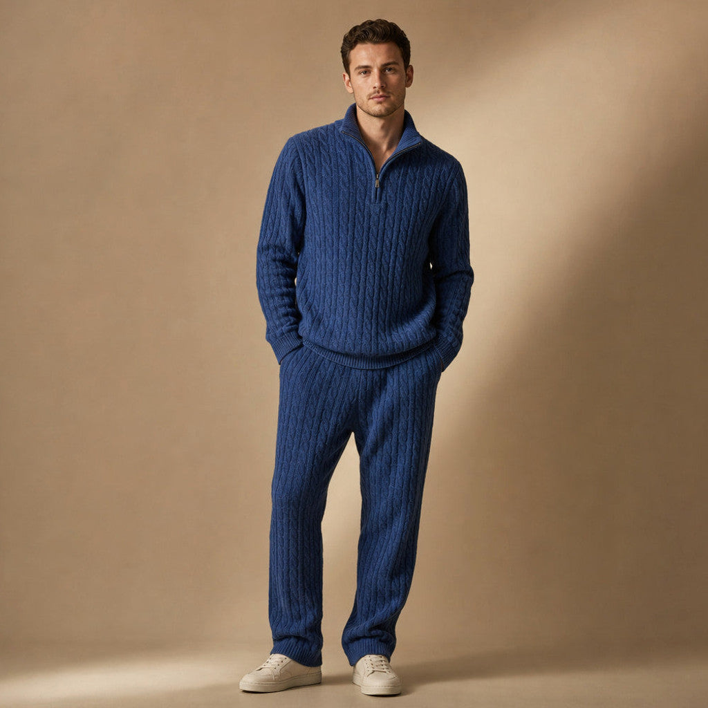 Mansell | Quarter Zip Knit Set Linen Trouser in Midnight Navy – Premium Editorial