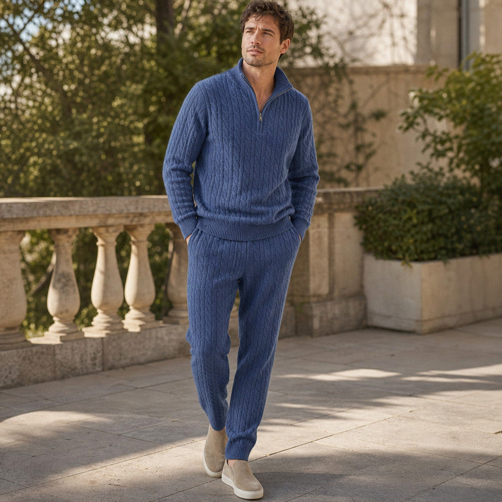 Mansell | Quarter Zip Knit Set Linen Trouser Midnight Navy – Styled Editorial Shot