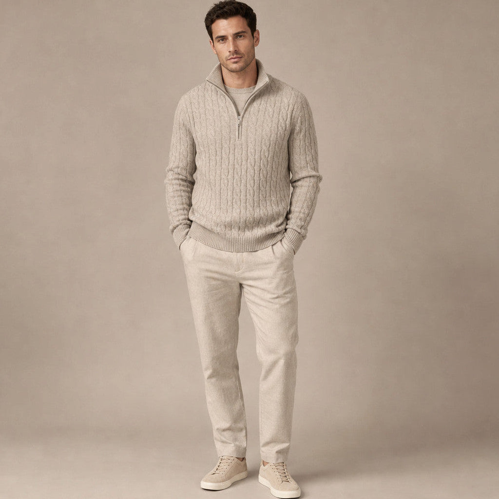 Mansell | Quarter Zip Knit Set Linen Trouser Oat – Product Photo