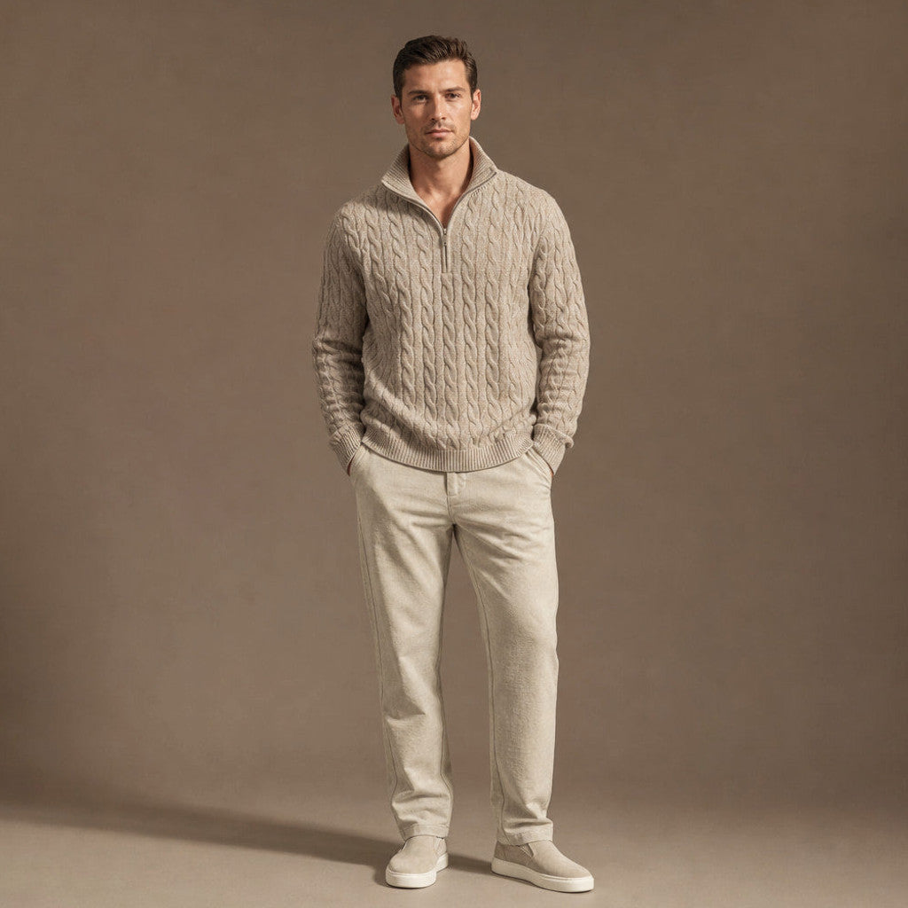 Mansell | Quarter Zip Knit Set Linen Trouser in Oat – Premium Editorial