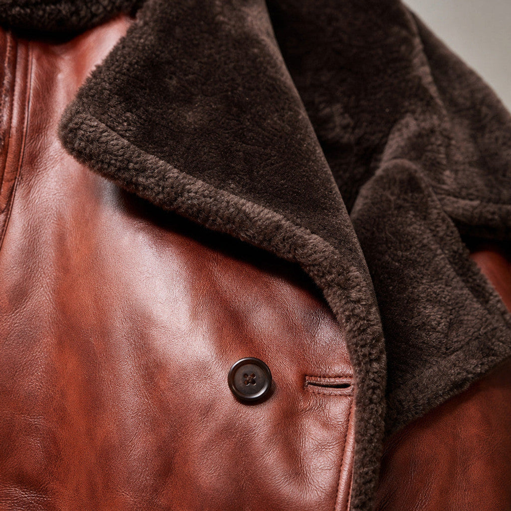 Marbeck | Shearling Duffle Coat Cinnamon Brown – Fabric and Detail Close-Up