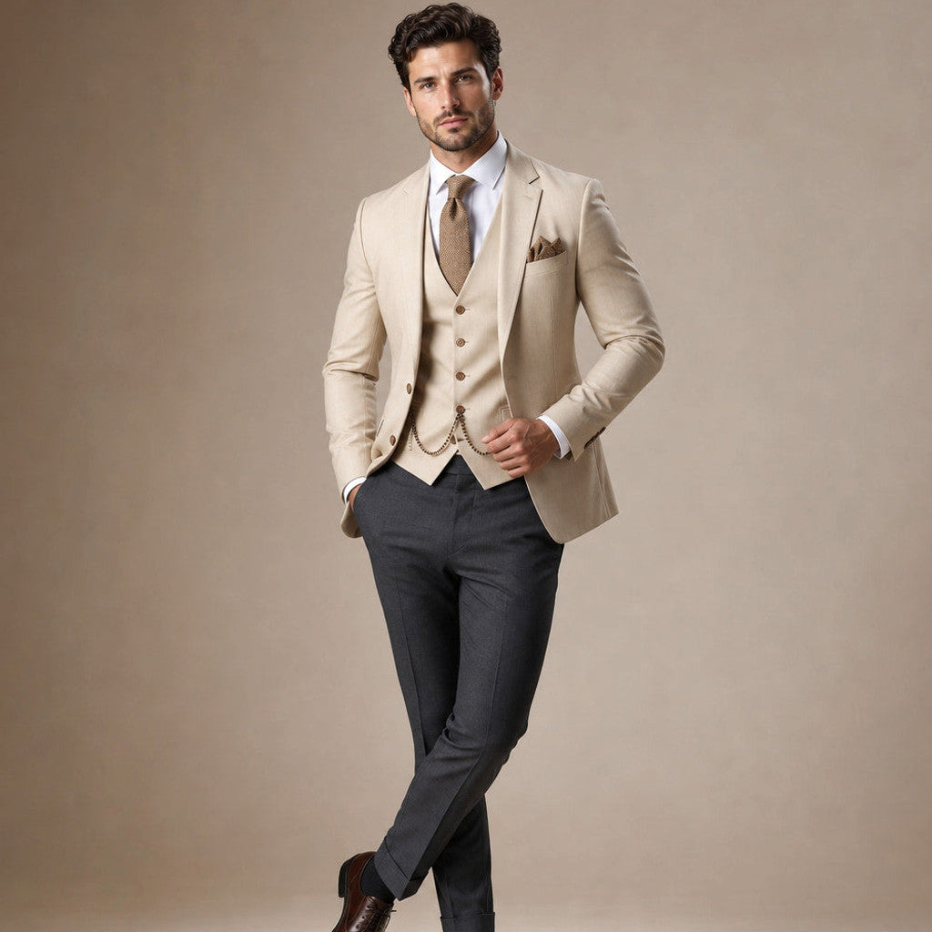 Marbury | Three Piece Suit Breathable Weave Beige – Side Angle View