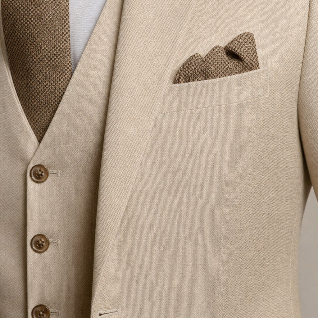 Marbury | Three Piece Suit Breathable Weave Beige – Fabric and Detail Close-Up