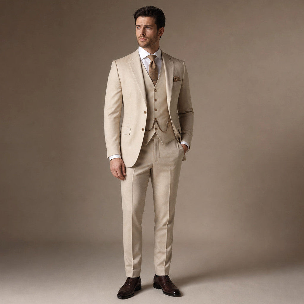 Marbury | Three Piece Suit Breathable Weave Beige – Full Look