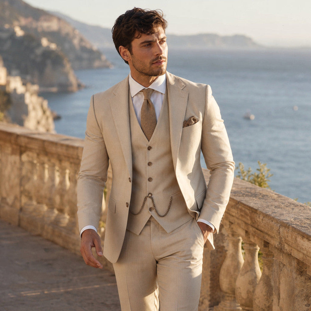 Marbury | Three Piece Suit Breathable Weave Beige – Styled Editorial Shot