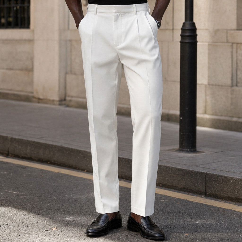 Marden | Pleated Front Trousers Regular Fit Ivory – Styled Editorial Shot