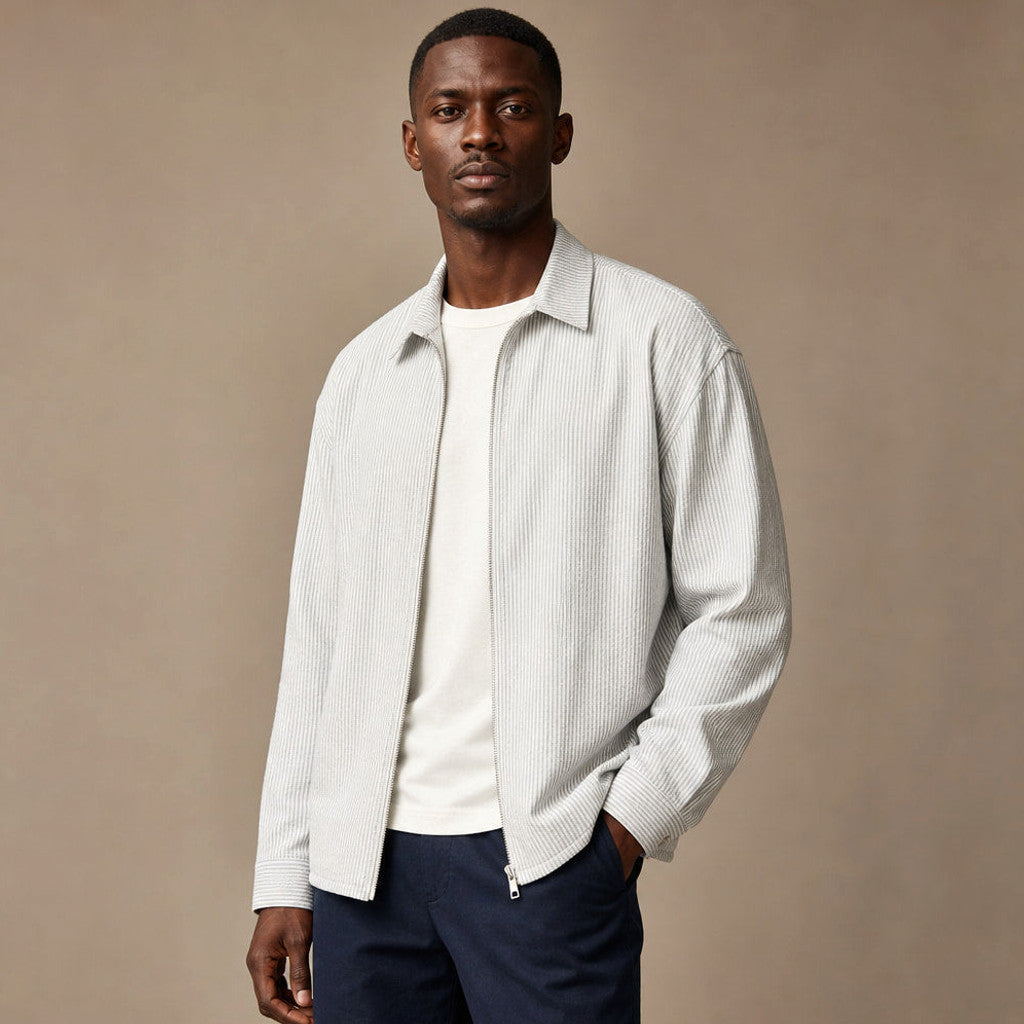 Marlowe | Zip Up Knit Top Striped Light Gray – Side Angle View