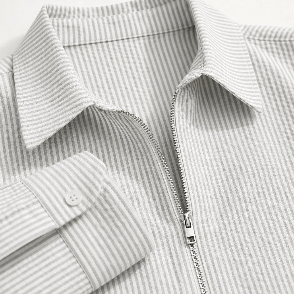 Marlowe | Zip Up Knit Top Striped Light Gray – Fabric and Detail Close-Up