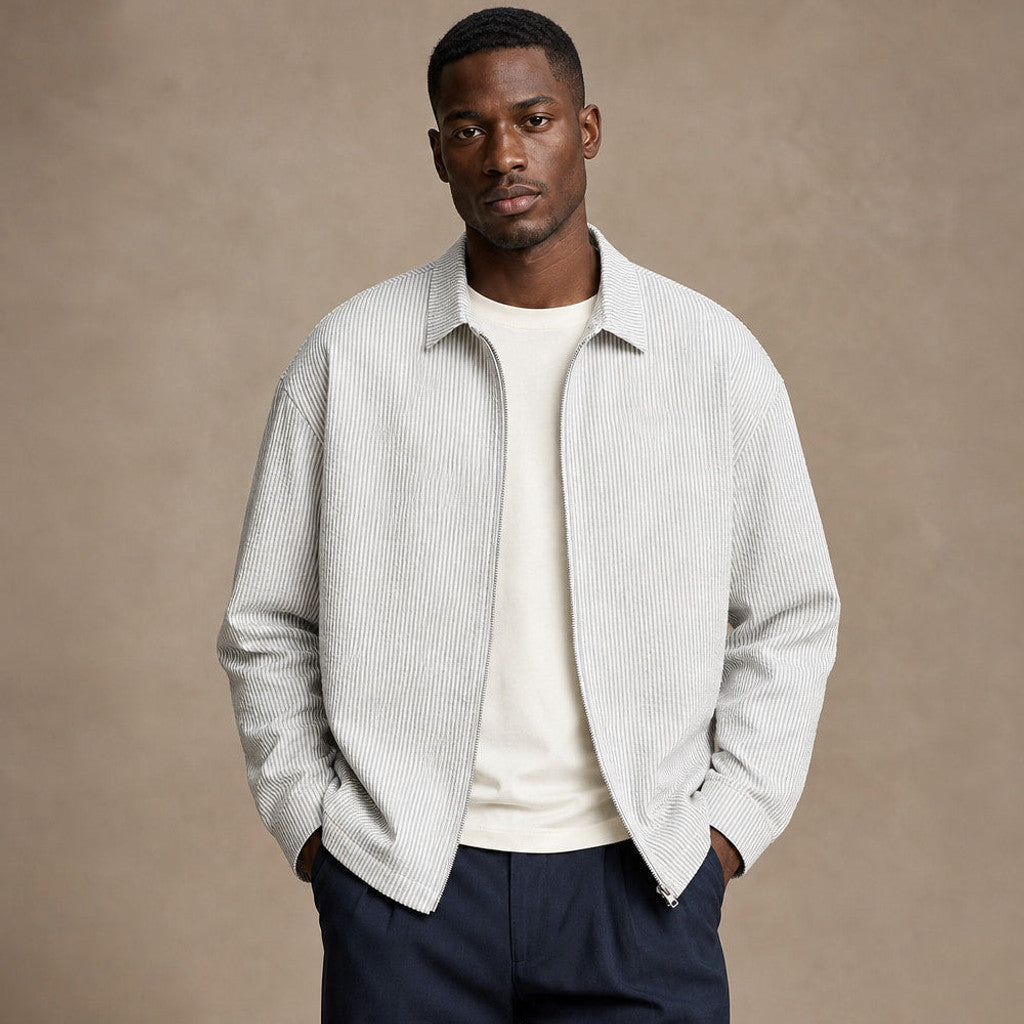 Marlowe | Zip Up Knit Top Striped Light Gray – Product Photo