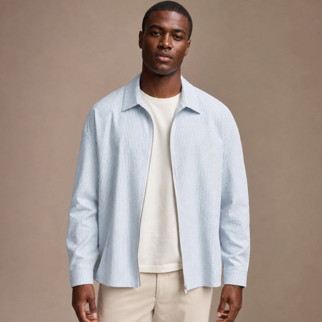 Marlowe | Zip Up Knit Top Striped in Pastel Blue – Premium Editorial
