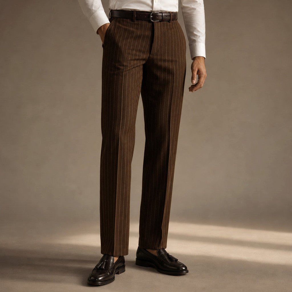 Marnsley | Dress Pants Textured Stripe Regular Fit Brown – Side Angle View
